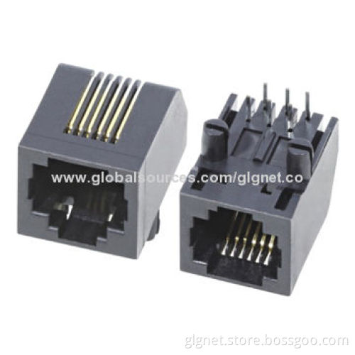 RJ11 connector, single port, side entry, tab down, bevel edge, flat pin